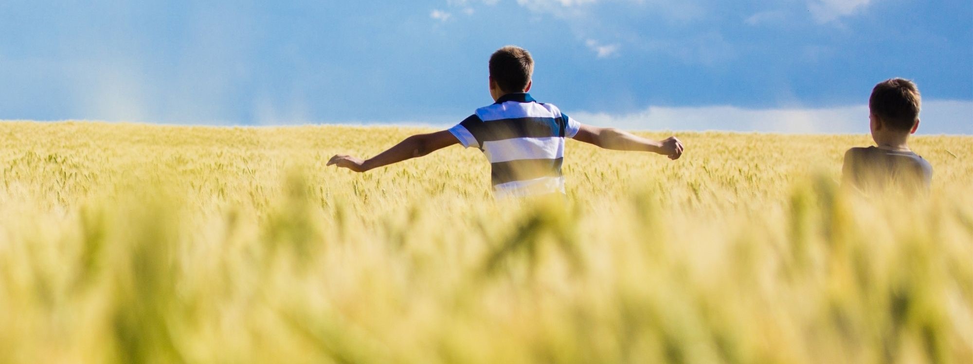 Two young boys run through a field of long grasses with their arms outstretched, above them large fluffy clouds fill the sky.