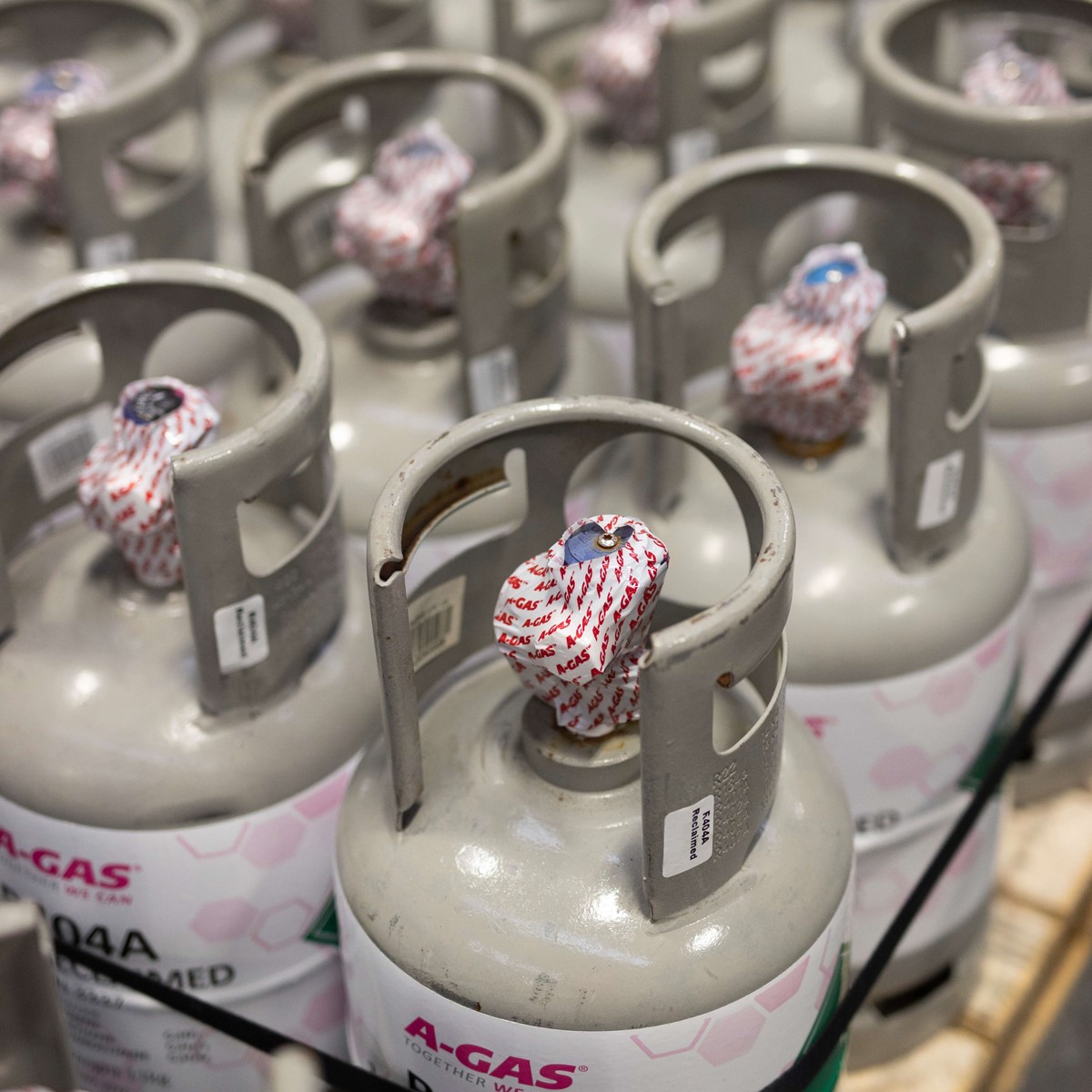 industrial gas cylinders on a pallet