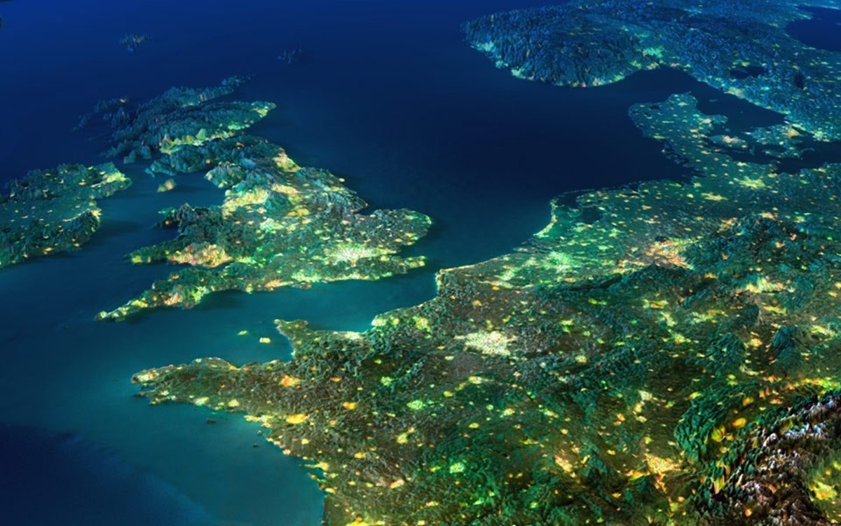 A map of the UK and Northern Europe from above with city lights 