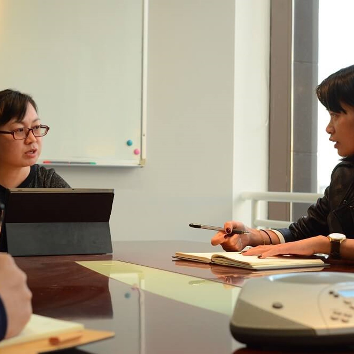 Two women in a boardroom having a meeting
