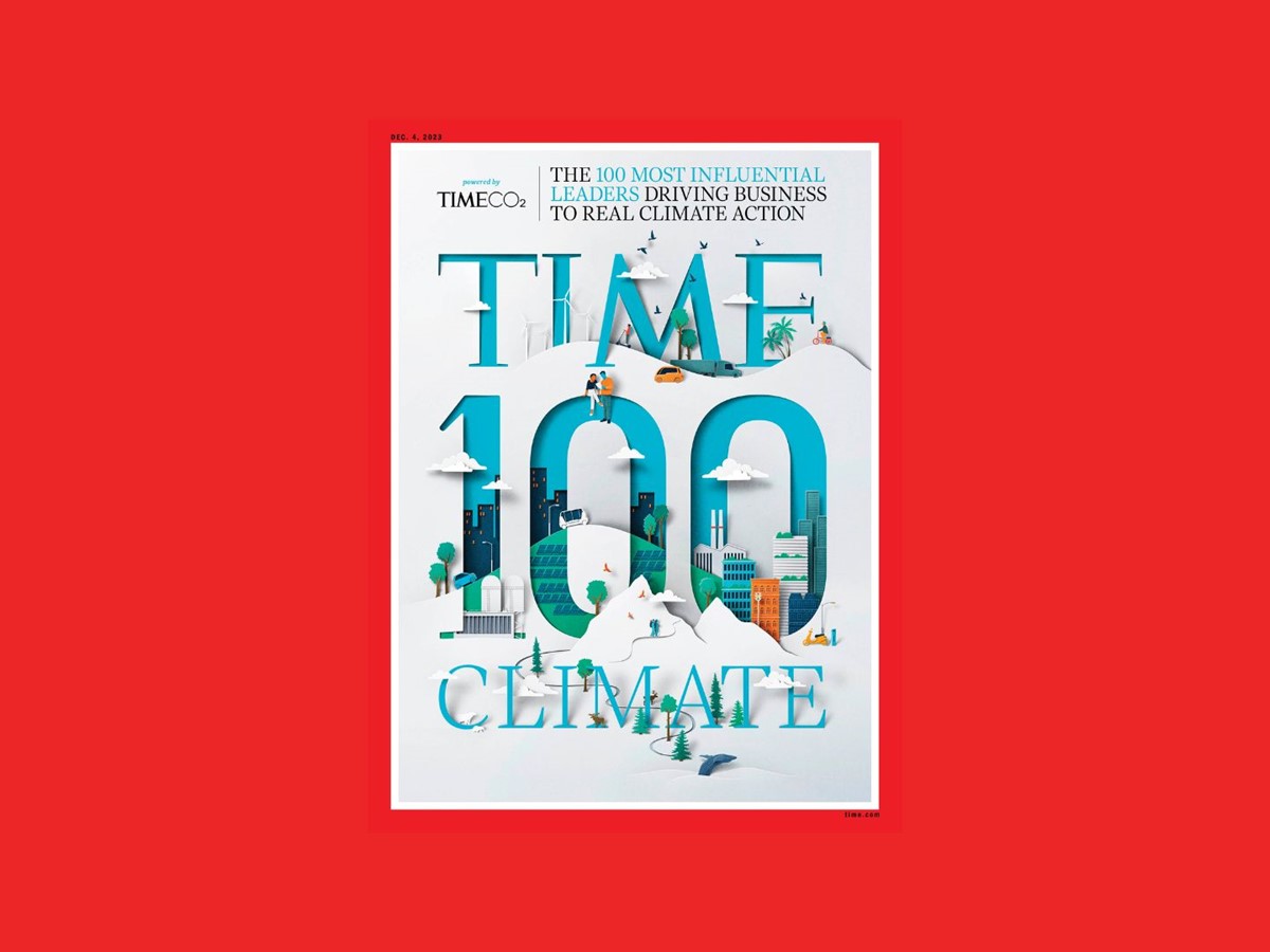 An image of TIME Magazine's 100 Climate issue front cover on a red background 