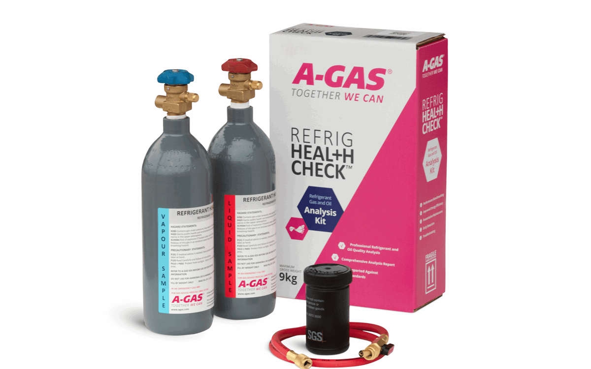 Two grey gas cylinders, a pink and white A-Gas box, a black tube and red wire on a white background 
