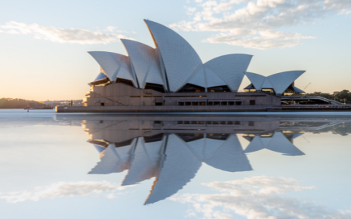 A wide angle shot of the Sydney Opera House with it's reflection in the water