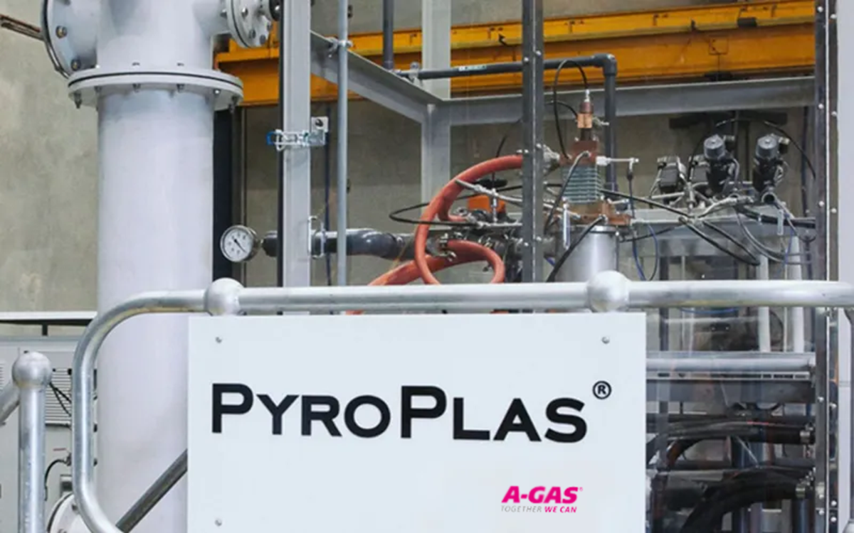 An image of a white sign with PyroPlas and the A-Gas logo on it