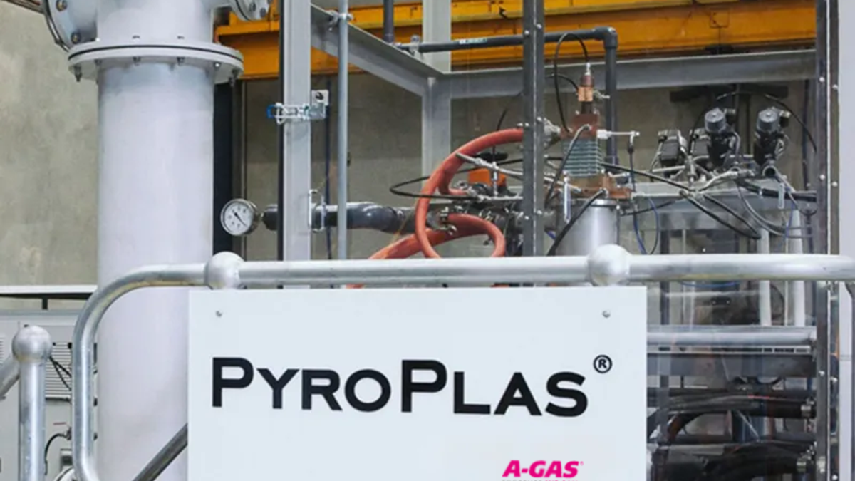 An image of a white sign with PyroPlas and the A-Gas logo on it