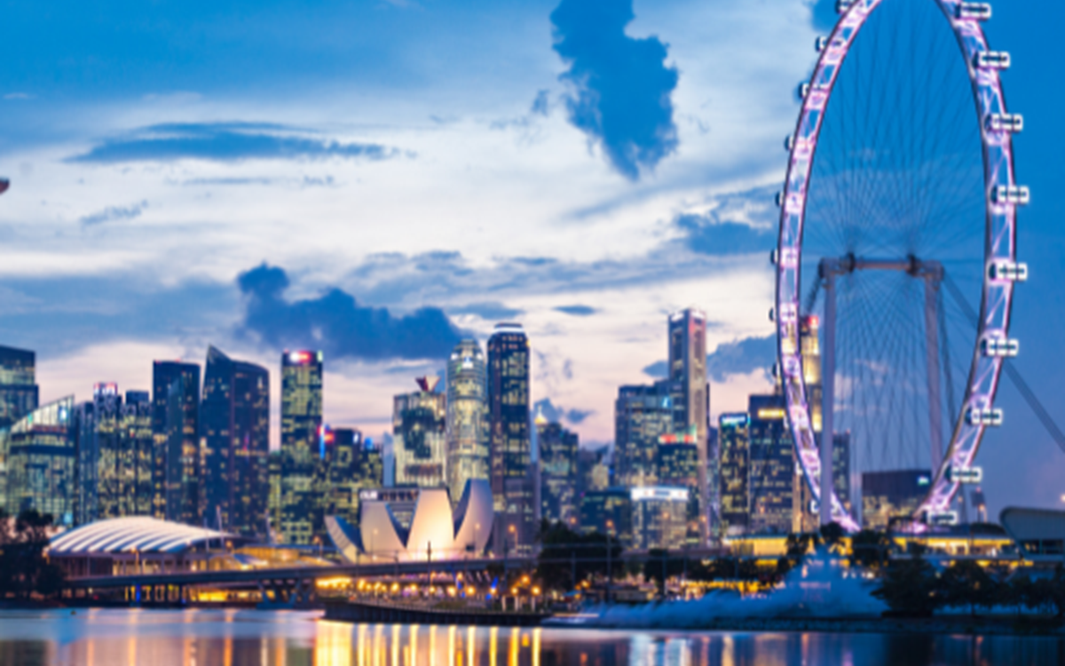A wide angle shot of a city in Singapore with a big sightseeing wheel in the right hand side of the photo. The photo is taken at night and all of the lights are reflecting in the water